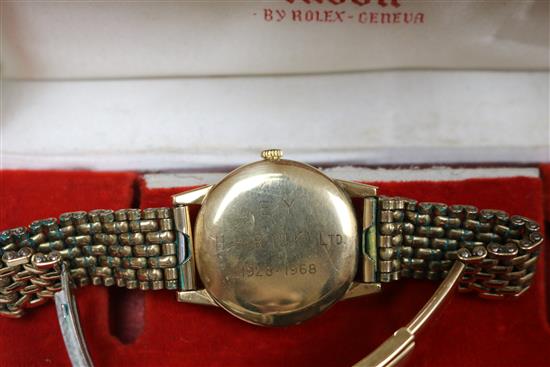 A gentlemans 1960s Tudor Royal 9ct? gold wrist watch on a gilt metal strap, with Tudor box.